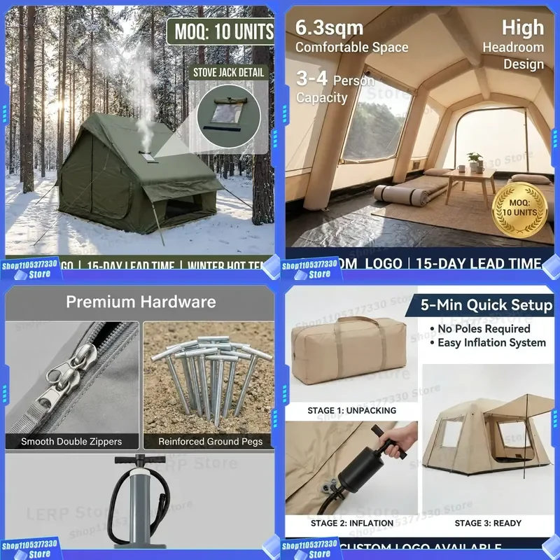 Winter Hot Tent 6.3sqm Inflatable Camping Tent with Fire Resistant Stove Jack 4 Season Waterproof Inflatable Cabin for