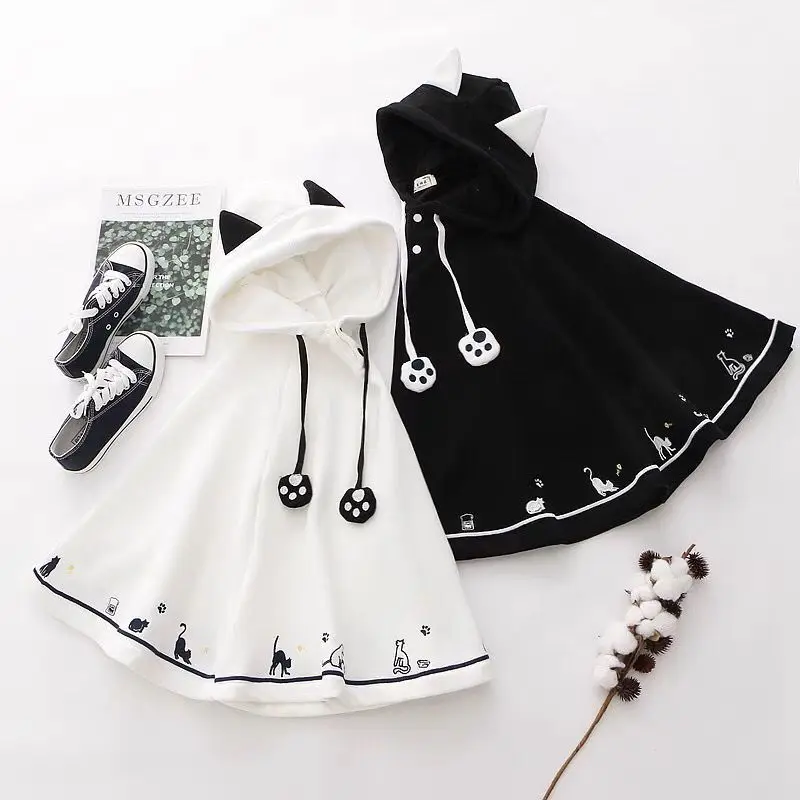 Japanese Ponchos Fall Winter Clothing Cute Jackets For Women Cat Ears Hooded Oversized Coats Y2k Tops Fashion Sweet Capes 49C648