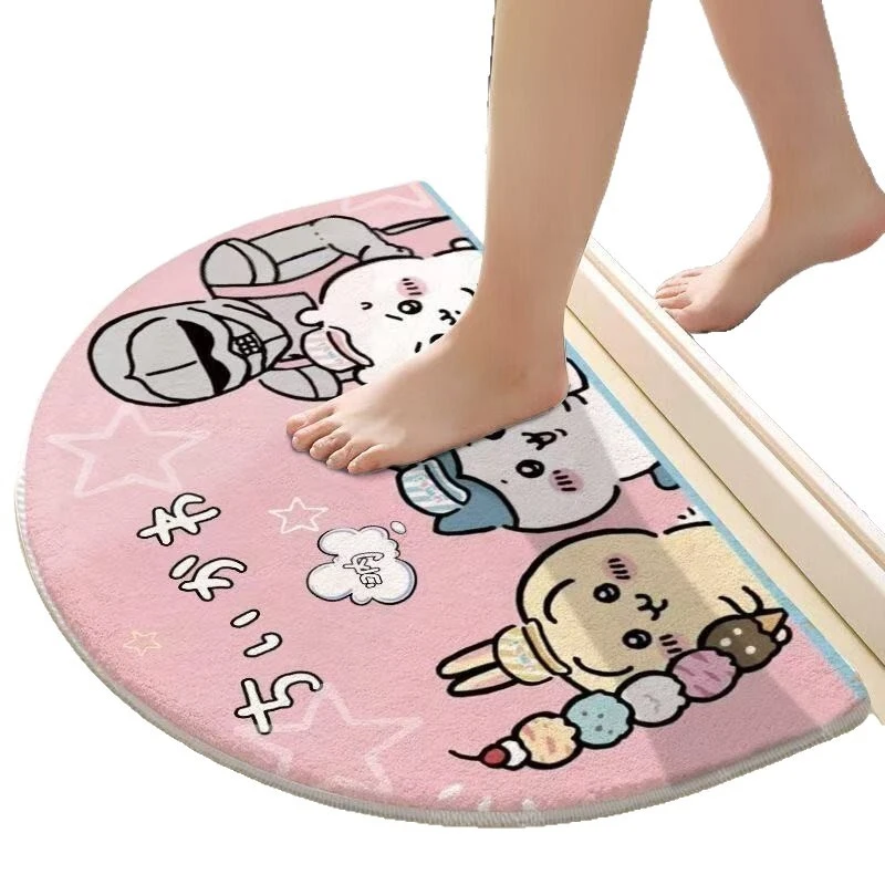 Chiikawa Semi Circle Bath Mat Cute Anime Hachiware Usagi Print Soft Fluffy Water Absorbent Doormat Non Slip Curved Floor view 5