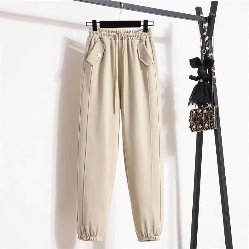 Calça de harém solta elástica na cintura feminina, roupa de senhora, laço de bolso, simplicidade, estilo jovem, streetwear casual