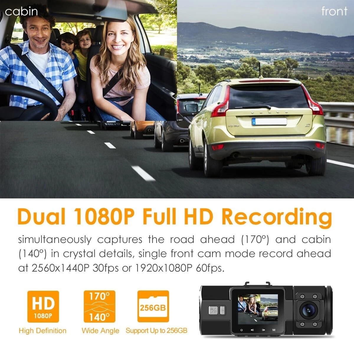 Front and Inside, 2.5K Single Front Car Accident Dash Camera, 24hr Motion Sensor Parking Mode, Support 256GB max