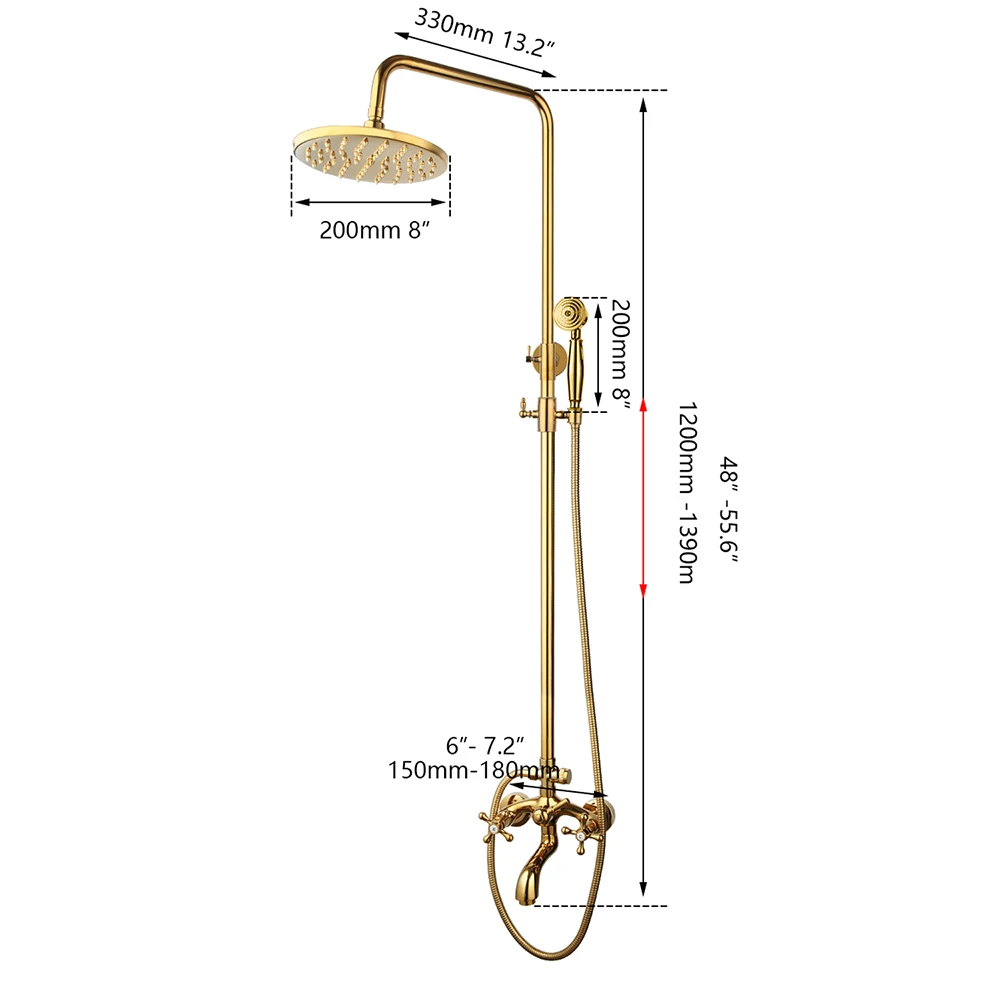 OUBONI Golden Plated Shower Faucet Aerator Nozzle High Pressure Rain Shower Head Solid Brass 2 Handles Mixer Bathtub Shower Set