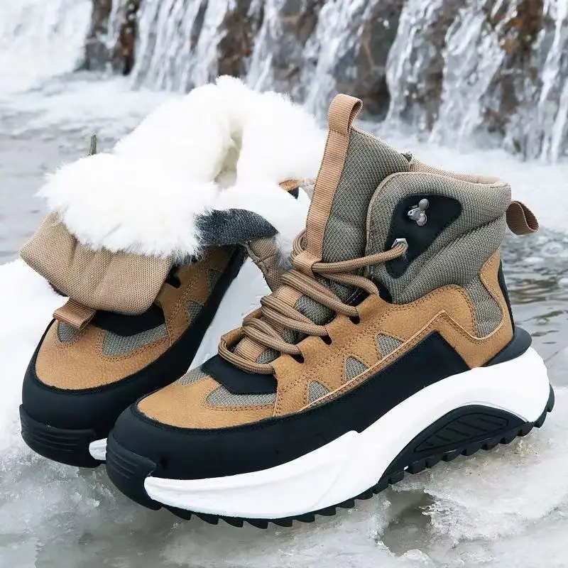 

Genuine Leather Men Snow Boots Waterproof Winter Warm High Top Lace Up Shoes for Outdoor Walking
