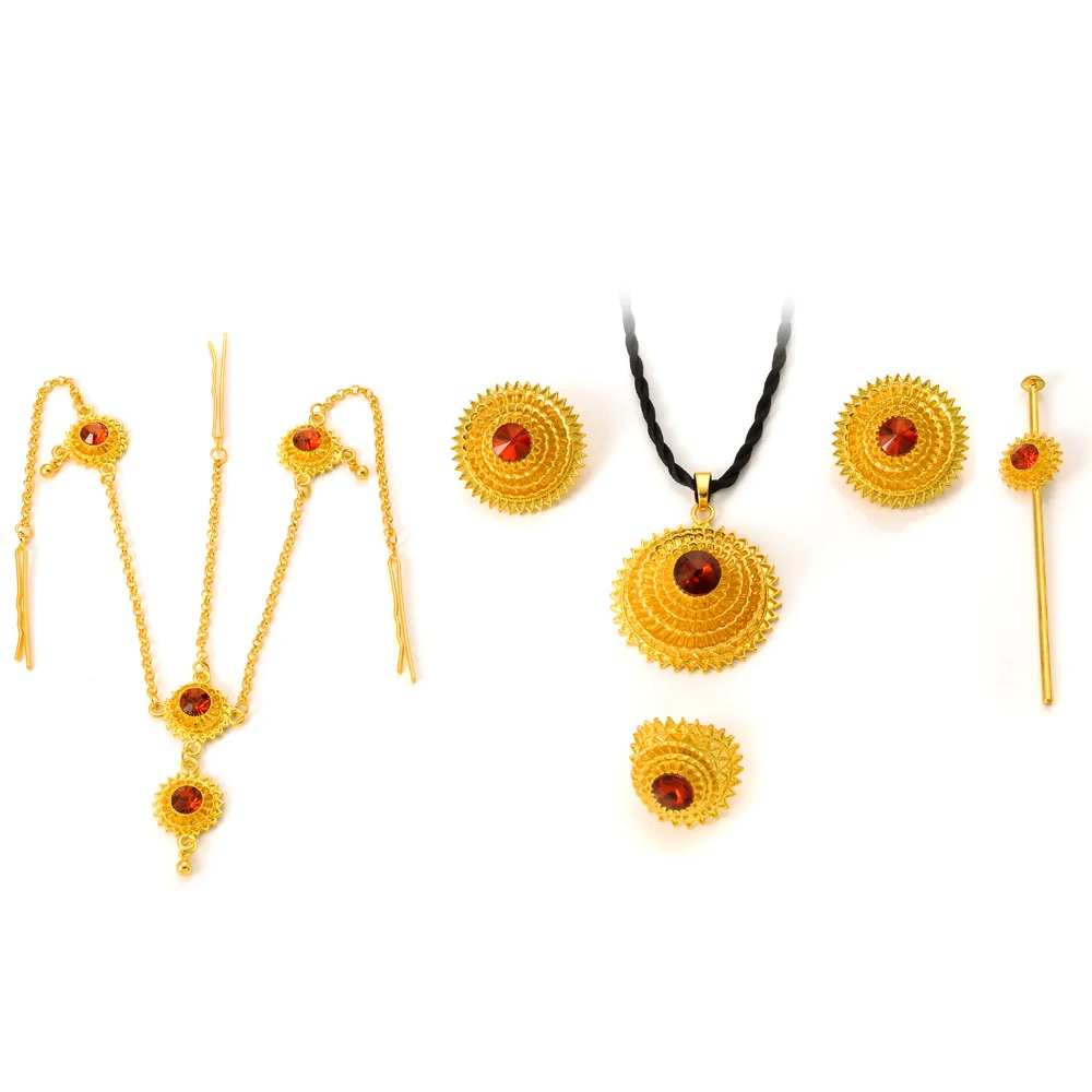 Newest Ethiopian Jewelry Sets Pendant Earrings Rings Headchain Hairpain African Eritrean Habesha Wedding Engagement Gifts