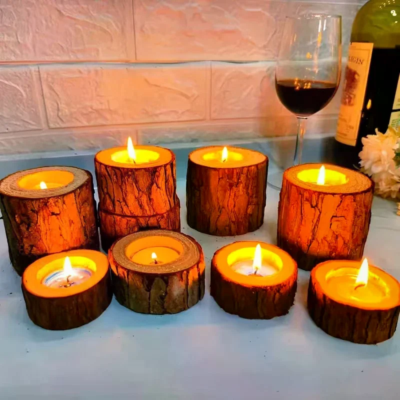 3pcs Nordic Style Wooden Candlestick Base For Bedroom, Room Candle Decoration, Home Use, Tree Stump Candlestick Ornament