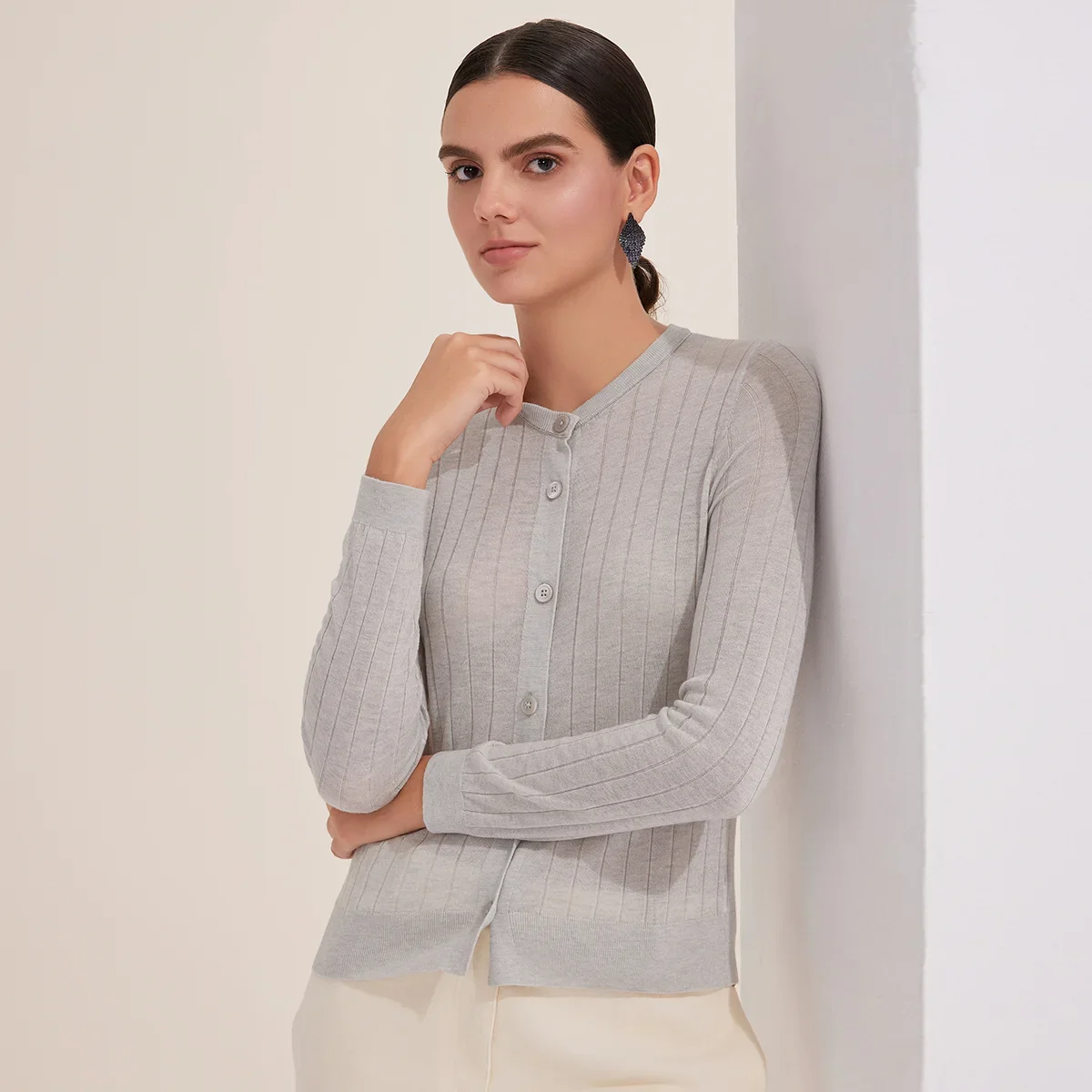 

Pop BY3521242 Classic Fall Ribbed Superfine Merino Wool Cardigan Sweater Button Front Long-Sleeved Comfortable Knitwear For Wome
