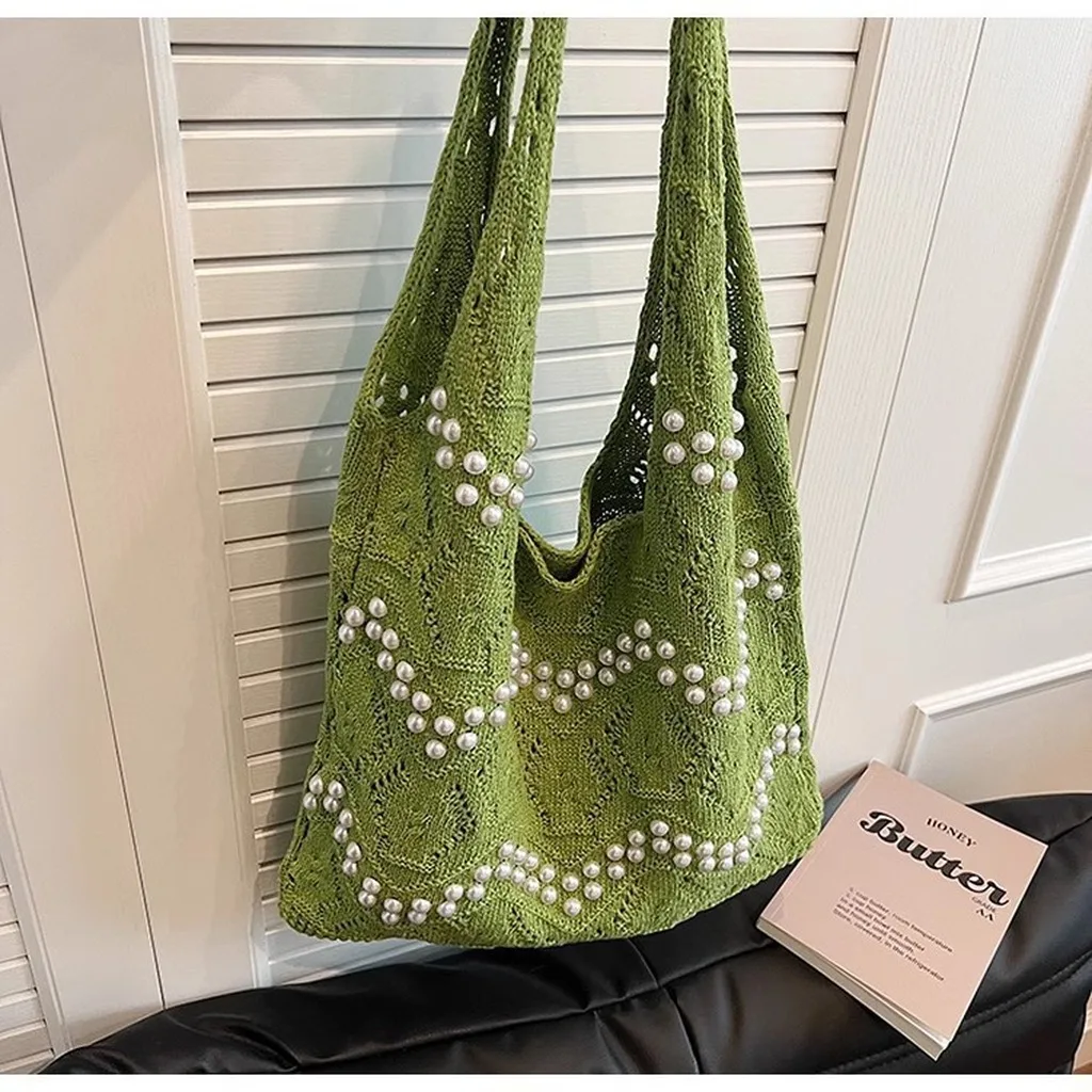 Women'S New Pearl Knitted Soft Tote Bag Open Handbags Portable Large Capacity Storage Bag Fashionable Commuting Versatile Bag
