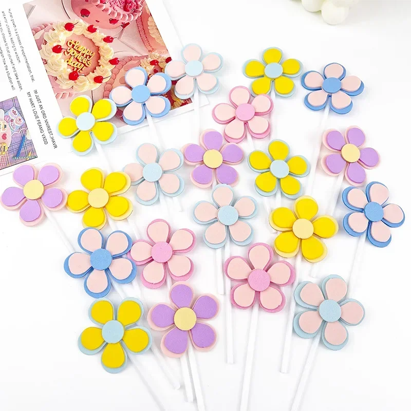 10pcs Multi Layered Daisy Flower Cake Topper Pink Yellow Purple Wedding Happy Birthday Party Kids Baby Shower cupcake Decor