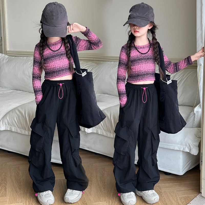 Girls' autumn two-piece set: gradient striped short sleeved top+work pants, youth casual sportswear