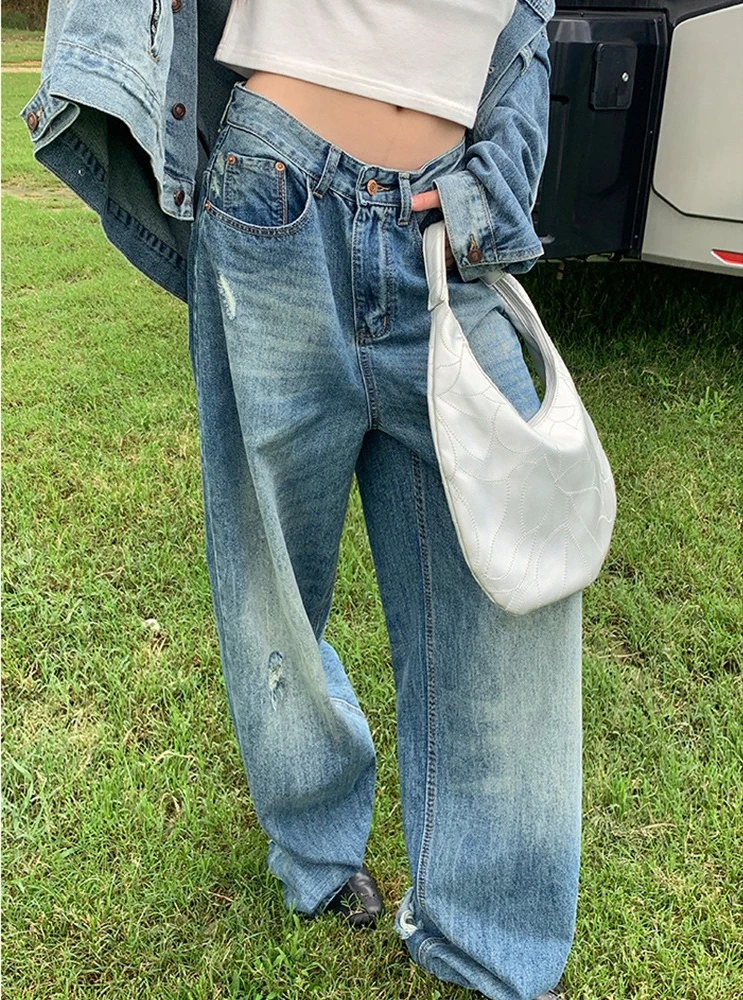 

Джинсы с дырками, широкие брюки, женские винтажные брюки длиной до пола, со средней талией, потертые карманы, свободные джинсы, уличная одежда 2025 г.