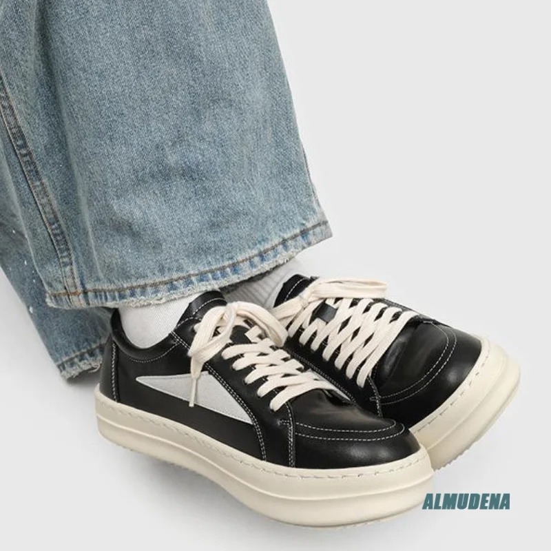

Round Toe Lace-Up Platform Sneakers Men's Minimal Black Genuine Leather Street Style Urban Trendy Casual Shoes 2026 New