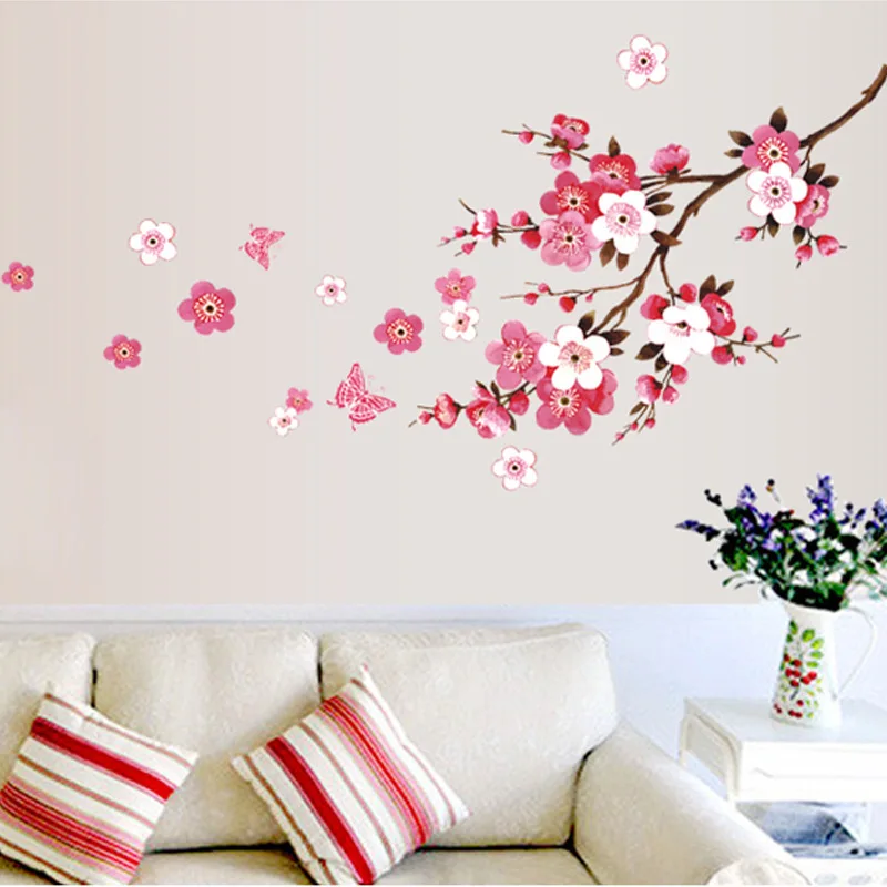 Beautiful Pink Sakura Flowers Wall Sticker For Living Room Bedroom Home Decorations Diy Plant Mural Art Pvc Wall Decal