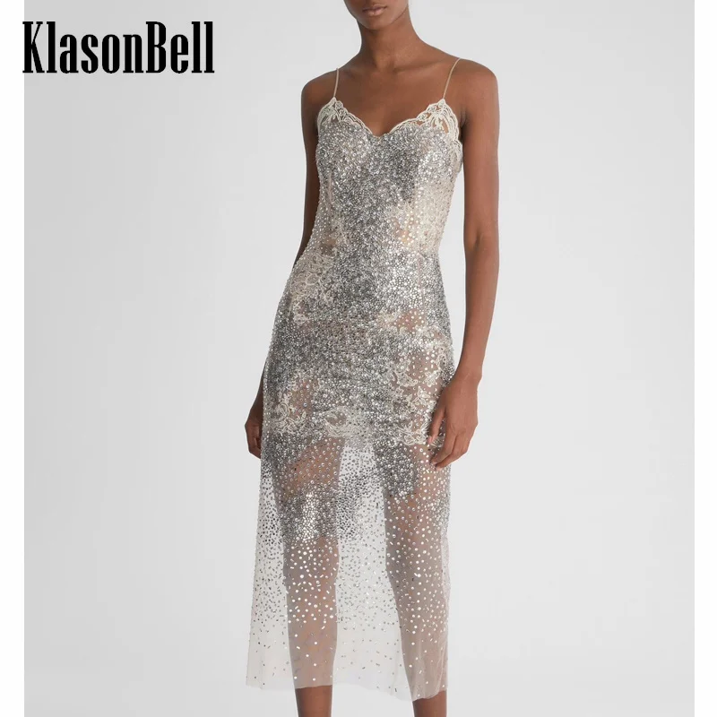 3.27  KlasonBell Luxury Temperament Embroidery Print Hand Beading Diamonds CryStal Sexy Spaghetti Strap Mesh Maxi Dress