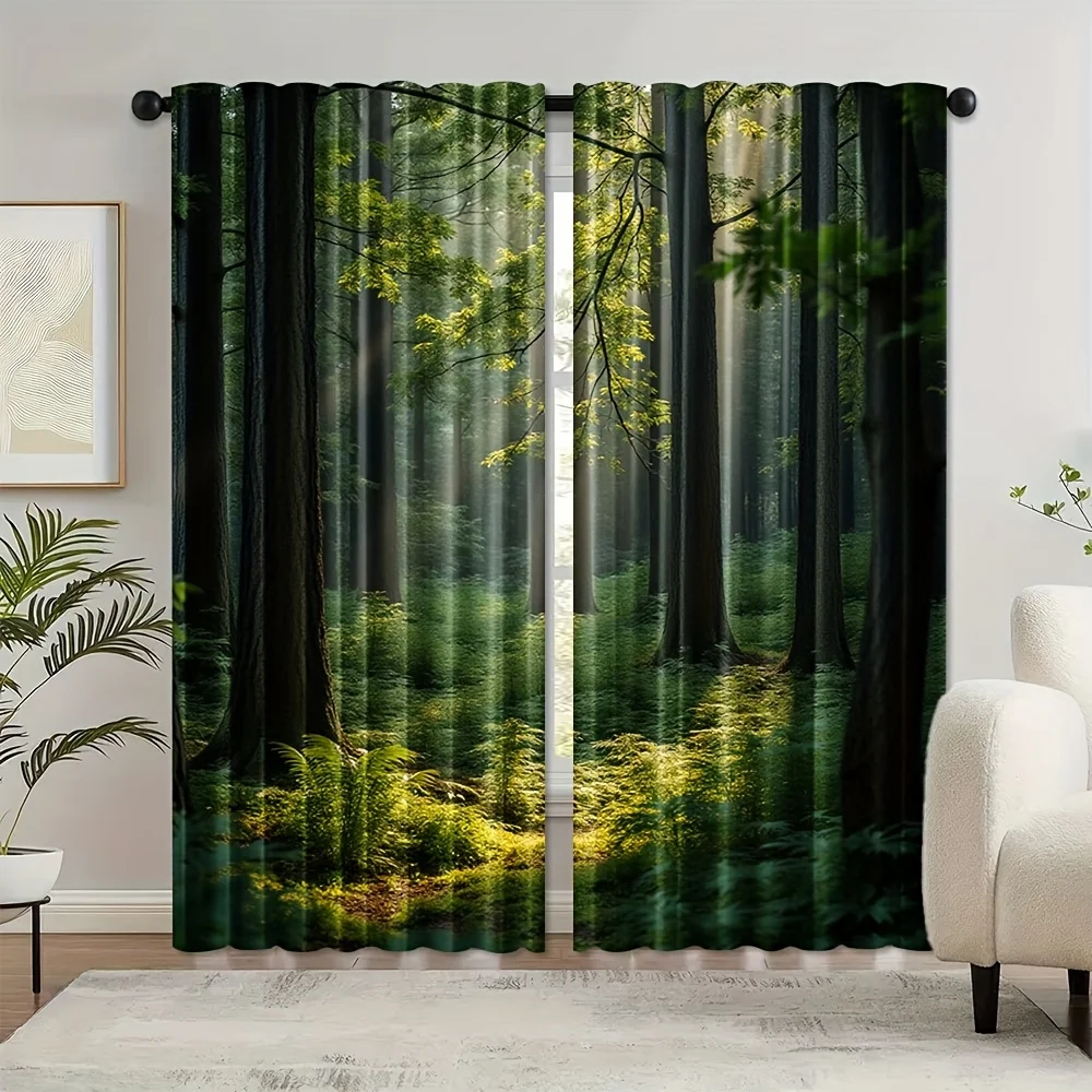 Elegant Lush Forest Wallpaper Curtains Window Drapes Realistic Woodland Jungle Green Botanical Pattern Home Decor Sunlight Filte