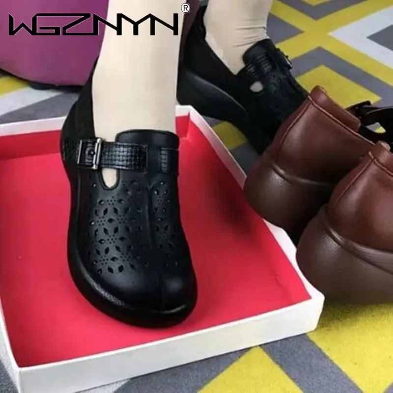 2022 NEW Spring Summer Shoes Hollow Genuine PU Leather Shoes Platform Sandals Increase Shoes Wedges High Heels Retro Women Shoes