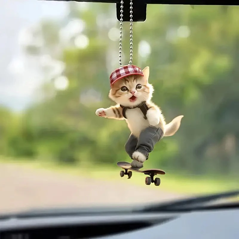 Creative Acrylic Flat 2D Cool Skateboarding Cat Pendant Auto Interior Car Pendant Interior Rearview Mirrors Ornament Car Decora