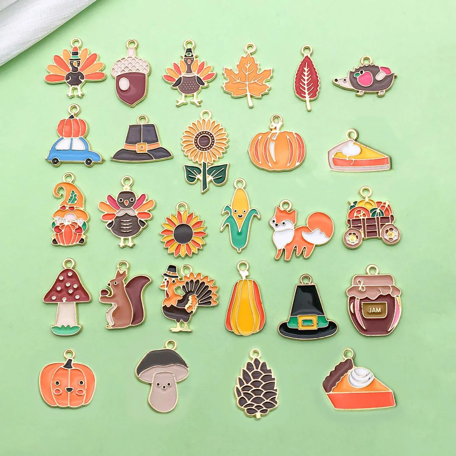 20/27pcs Enamel Thanksgiving Charms Alloy Turkey, Maple Leaf, Squirrel, Pumpkin Pendants for DIY Jewelry Making Accessories