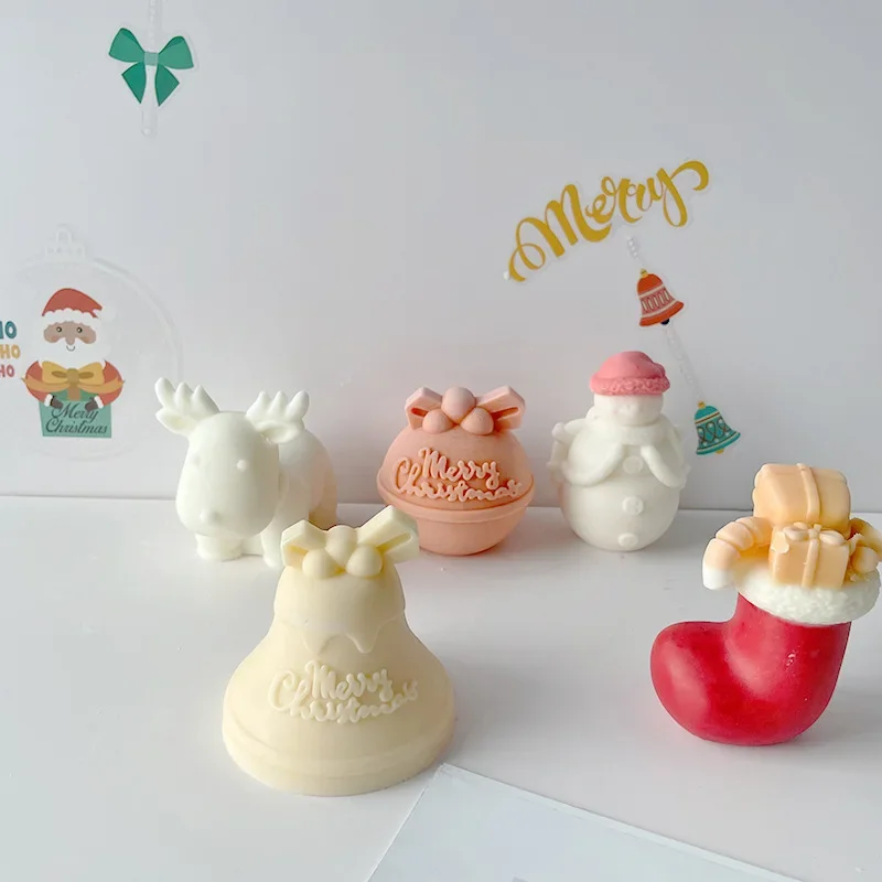 3D Silicone Mold DIY Aromatherapy Candle Plaster Ornaments Mould Elk Christmas Decoration Christmas Series Socks Bells