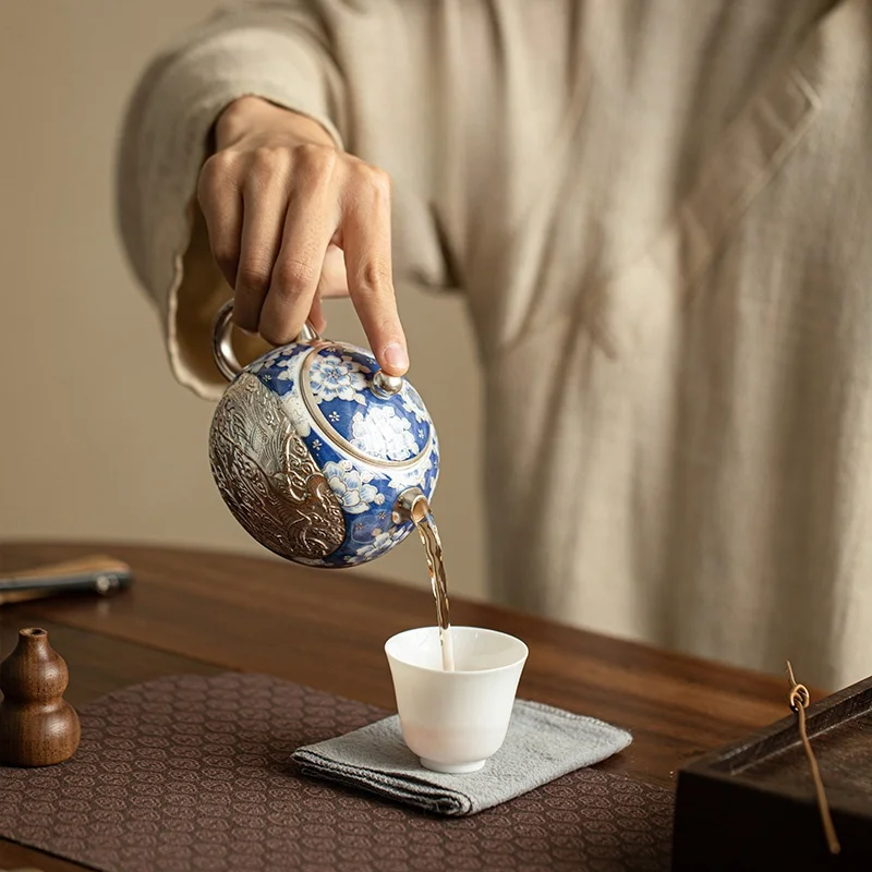 230ml Master He Fusen Hand Made Silver Gilded Dragon And Phoenix XiShi Tea Pot Silvering Tea Set Blue&White KungFu Tea Set - view 5