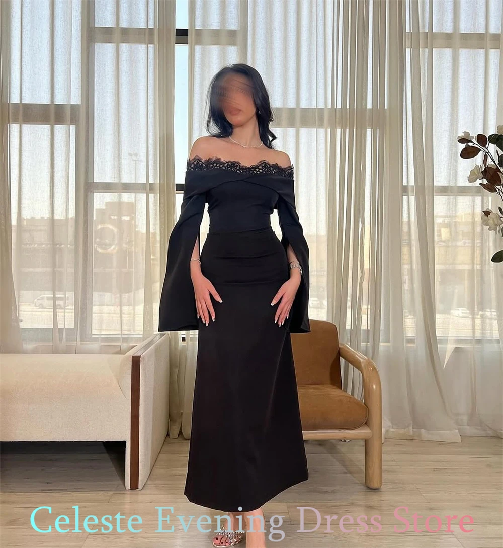 사용자 정의 간단한 블랙 저지 이브닝 드레스 우아한 오프 어깨 긴 소매 홈 커밍 드레스 패션 파티 가운