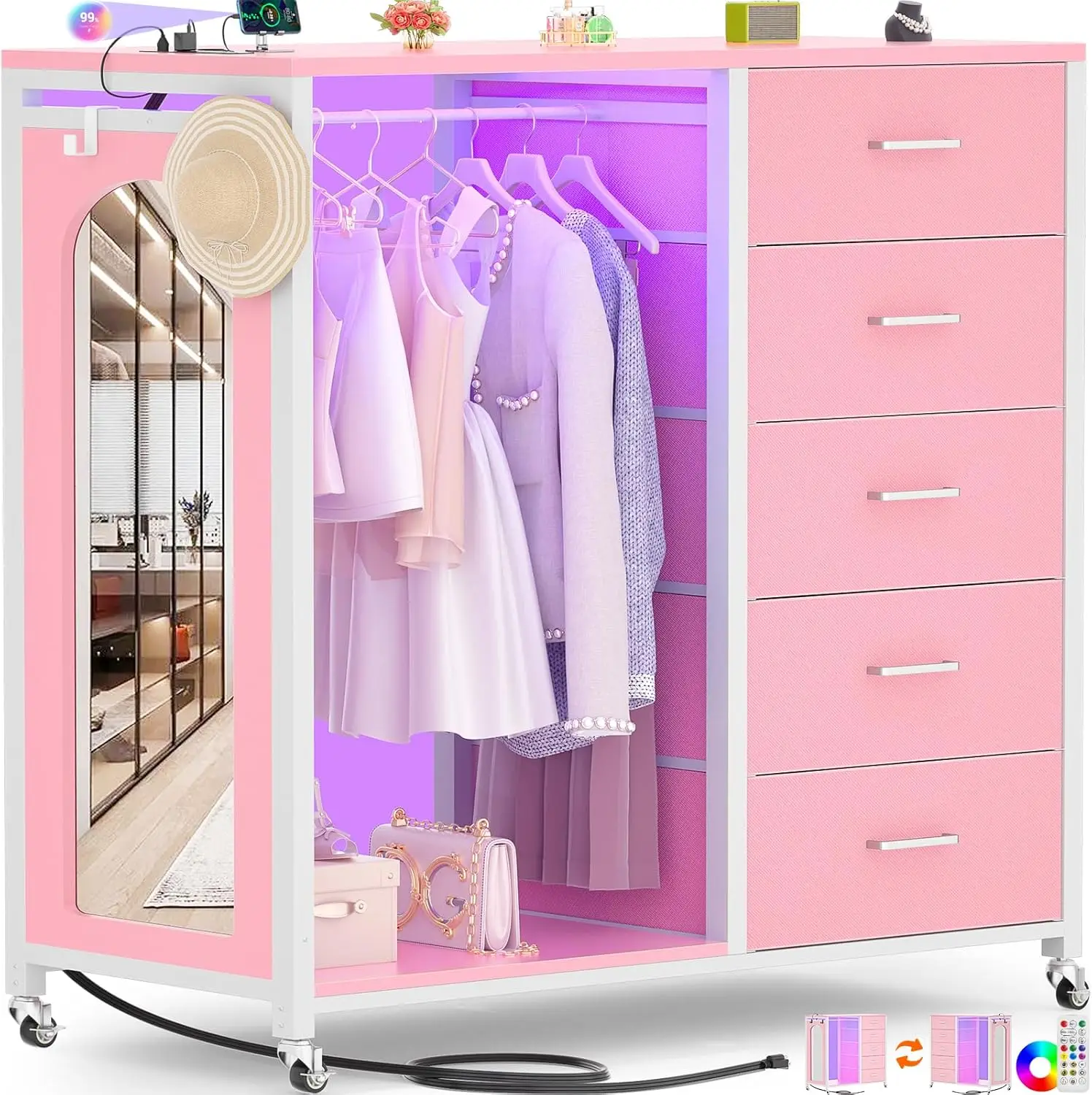 Cycylysio-vestidor para dormitorio con estante para ropa y espejo, rosa, 5 cajones, estación de carga y luces Led, enrollable
