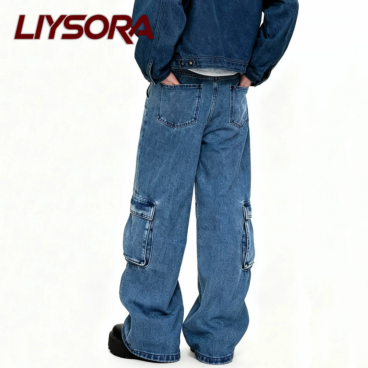 الرجال الأمريكية الأزرق الرجعية غسل فضفاض مستقيم الجينز الذكور متعدد جيب مستقيم أنبوب فضفاض ملابس العمل أربعة مواسم الدنيم السراويل #5