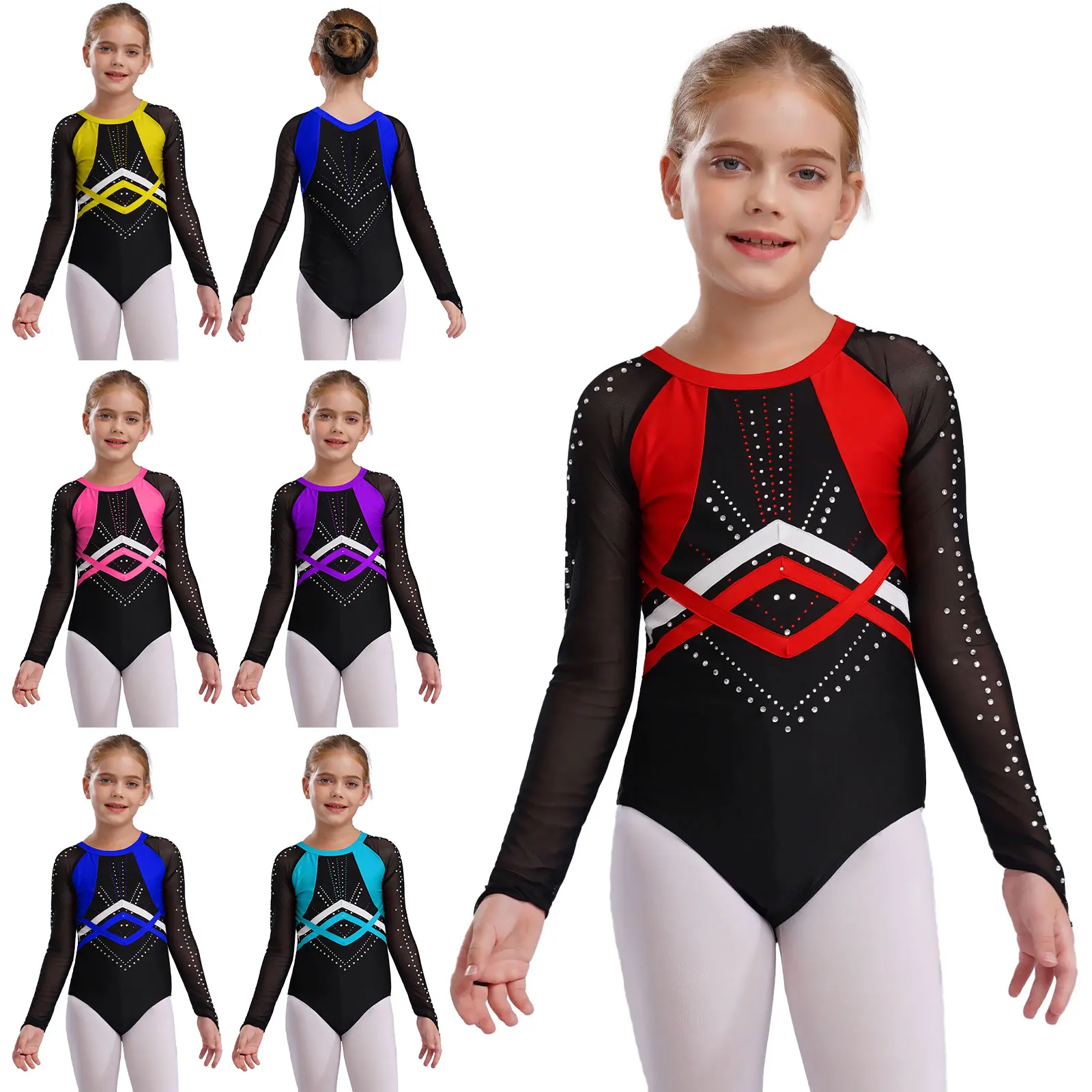 الفتيات لامعة الراين الجمباز يوتار الباليه الرقص التزلج اليوغا تجريب زي بقماش شفاف كم طويل ارتداءها مع السراويل