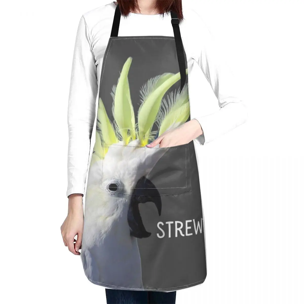 Strewth! Sulphur crested, white cockatoo. Photograph and light colour text. Apron Kitchens Woman kitchen gadgets Apron