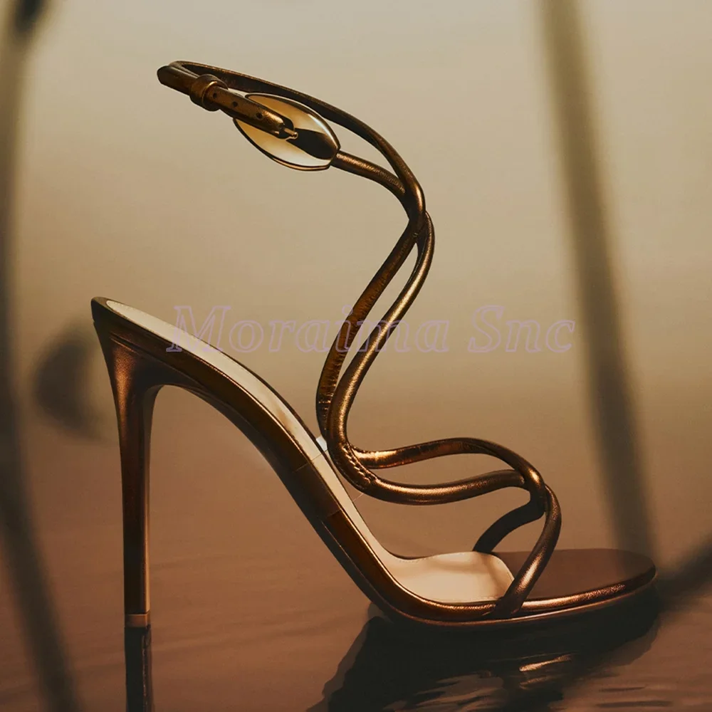 

Сексуальные сандалии с металлическим декором и круглым открытым носком на шпильке, на высоком каблуке с пряжкой на щиколотке, модная новая женская летняя обувь для банкета и вечеринки