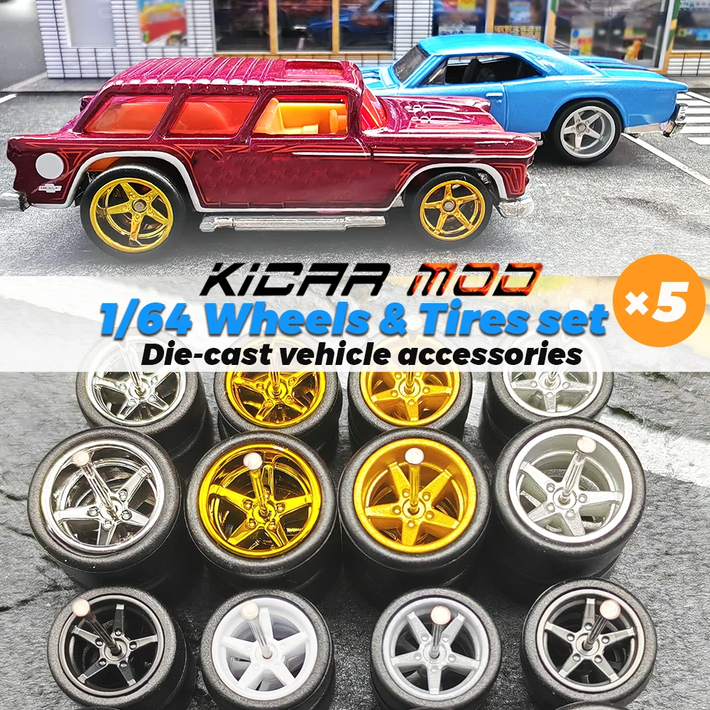 1/64 Front small and Rear Big Wheels with Detachable Slick Rubber Tires Pentagram Spokes for Model Cars for Hotwheels (5 Sets)