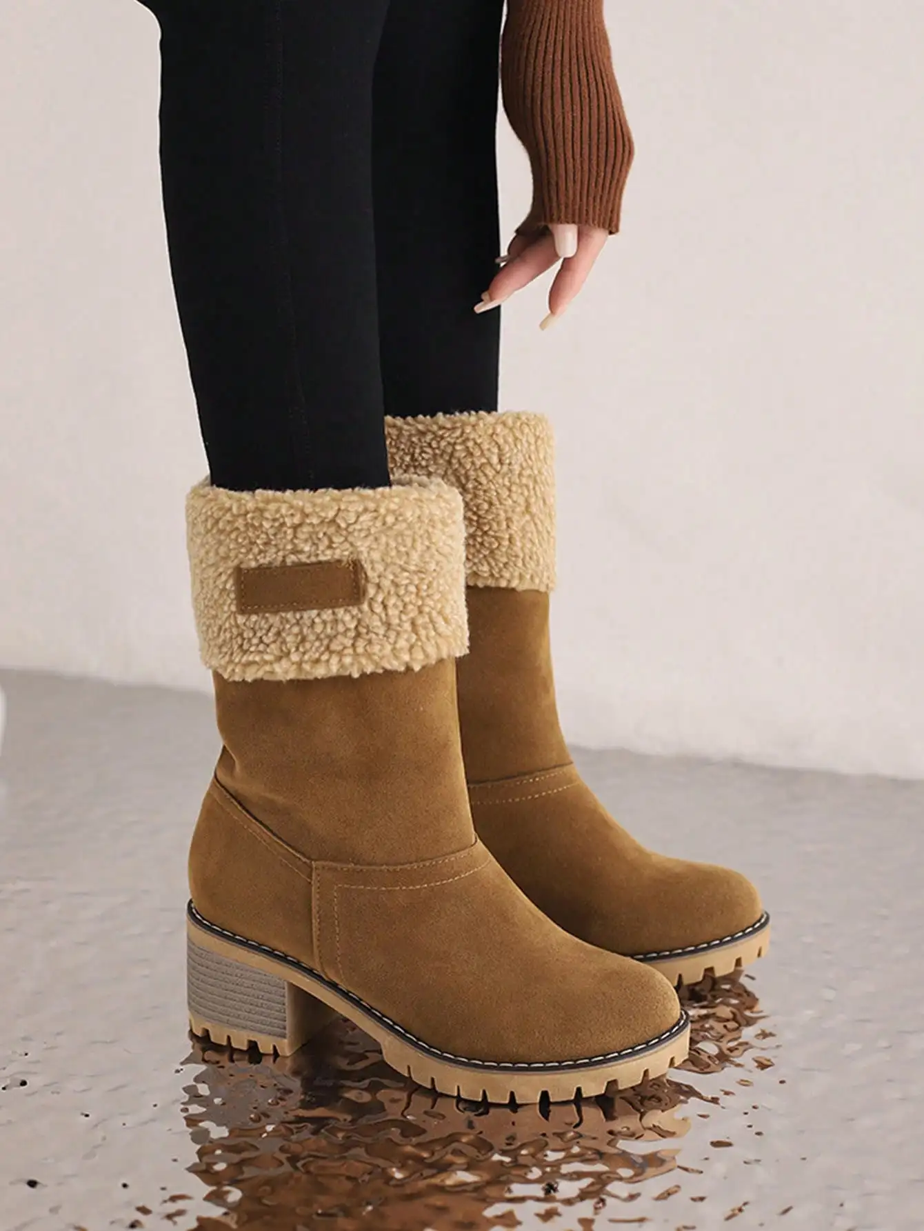 Winter Faux Fur Snow Boots For Women Platform Block Chunky Heels Pull On Comfortable Outdoor Suede Warm Boots