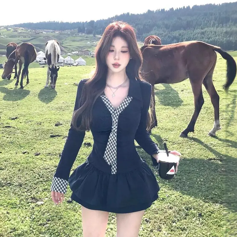 Spring Autumn New Fashion Women Clothing Pure Desire Design Sense Checkered Tie Set Long Sleeve Tshirt High Waist Puff Skirt Set