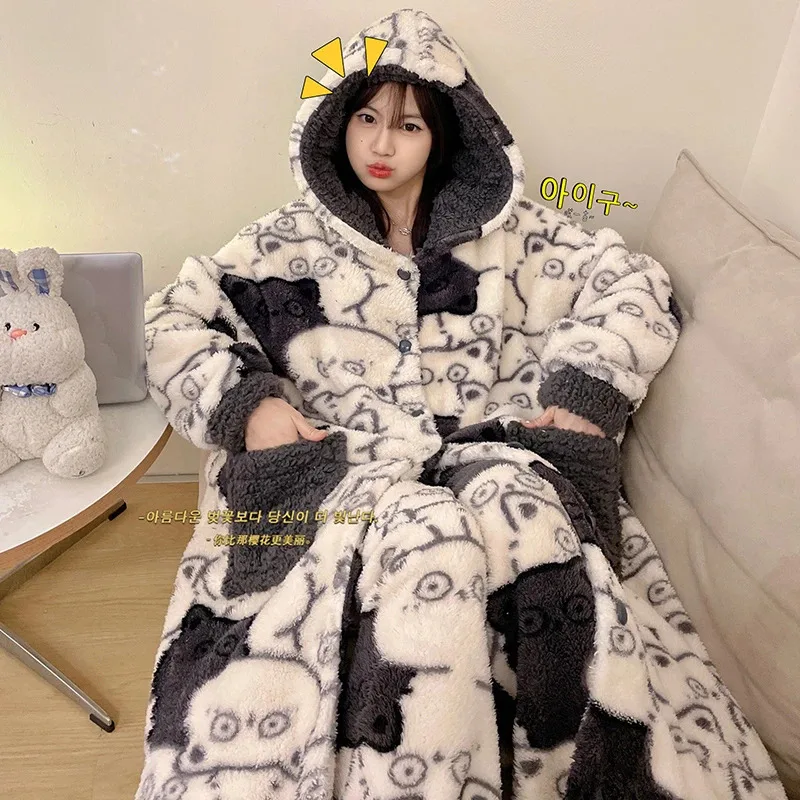 

2025 New Winter Thicken Pig Print Night Dress Women Sleepwear Pajamas Robe Two Piece Set Female Bathrobe Pijama Mujer Hood☆★ee☆★