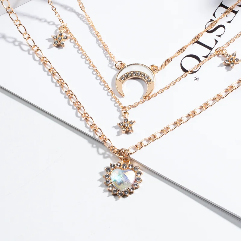Multi Layer Gold Color Alloy Necklace Heart Moon Star Pendant Necklace Layered Synthetic Diamond Star Moon Choker Necklace For W - view 3
