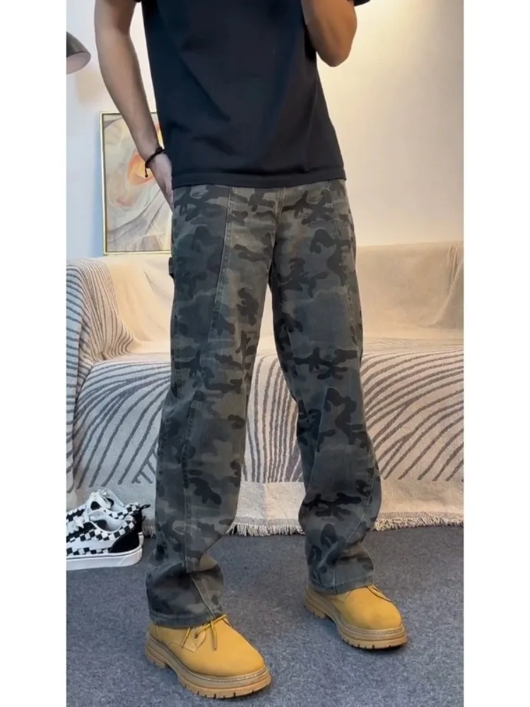 

Мужские джинсы в американском ретро-стиле с камуфляжным принтом, на флисовой подкладке, облегающие, для работы, молодежные, трендовые, весенние, утепленные