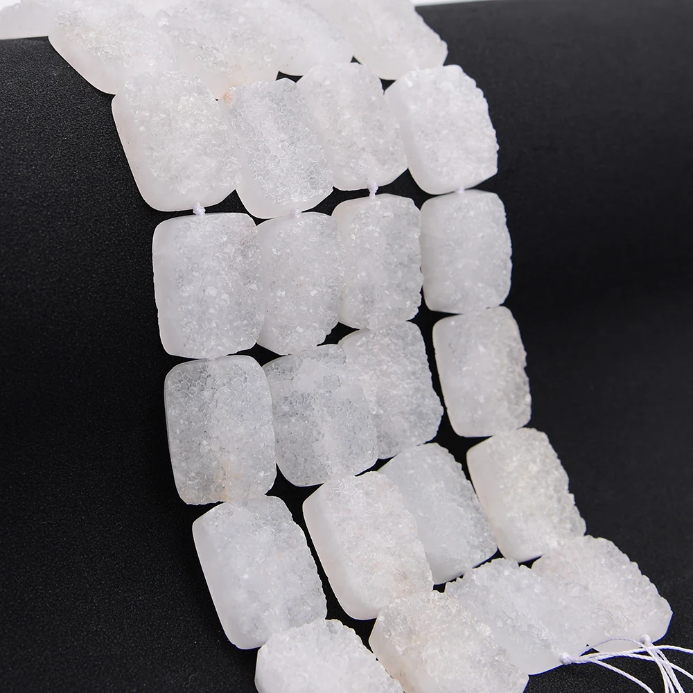 APDGG Big 20x27mm Natural White Agate Raw With Geode Quartz Rectangle Nugget Loose Pendant Beads Strands 8'' Jewelry DIY