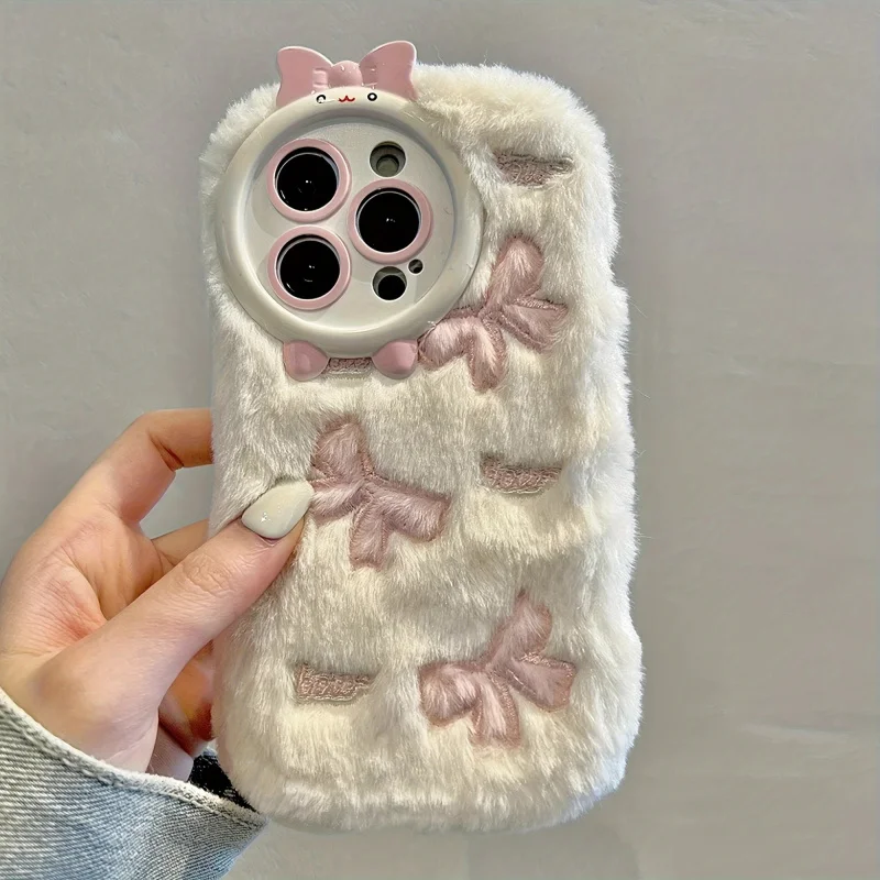 

Embroidered Bow Plush Phone Case Suitable foriPhone16ProMax,Fashion Girl Style