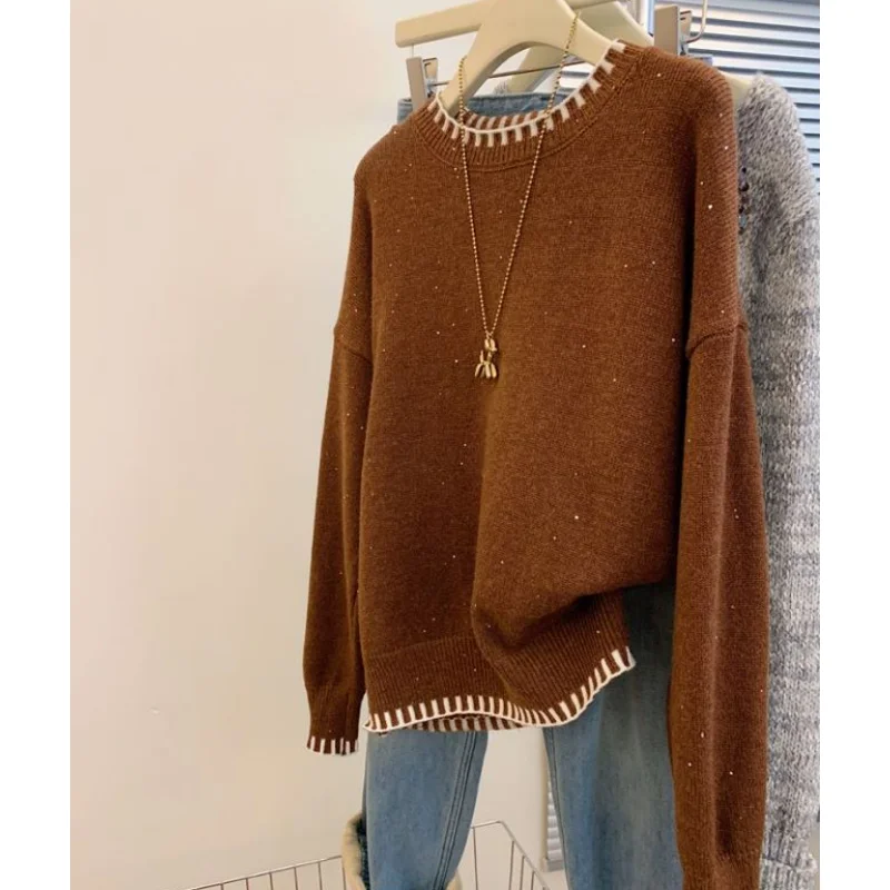 2024 Women's Clothing Korean Brown Knitting Sweater Round Neck Long Sleeves Vintage Casual Fashion Baggy Ladies Spring Tops