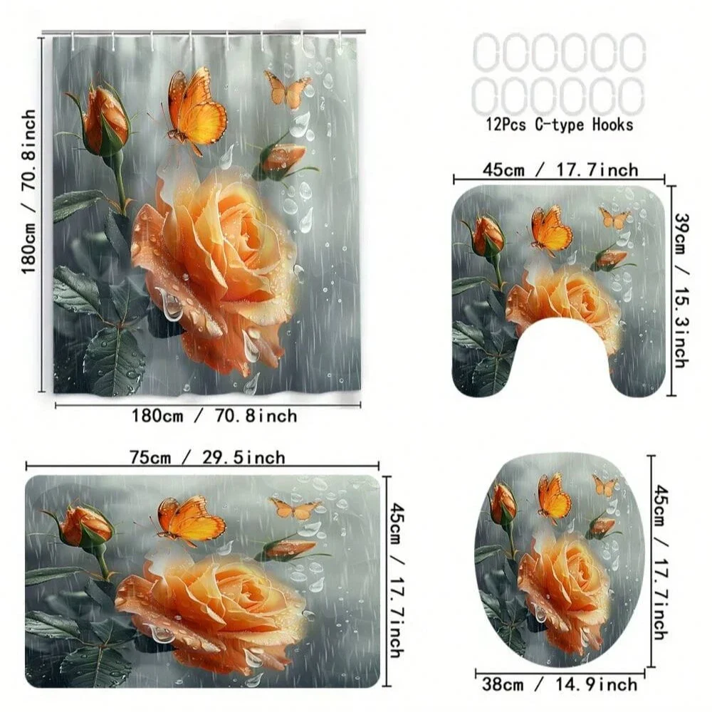 

4pcs Modern style printing Shower Curtain Set With 12 Hooks, Anti-Slip Bathroom Mat, U-Shaped Toilet Rug, Bathroom Curtain Set