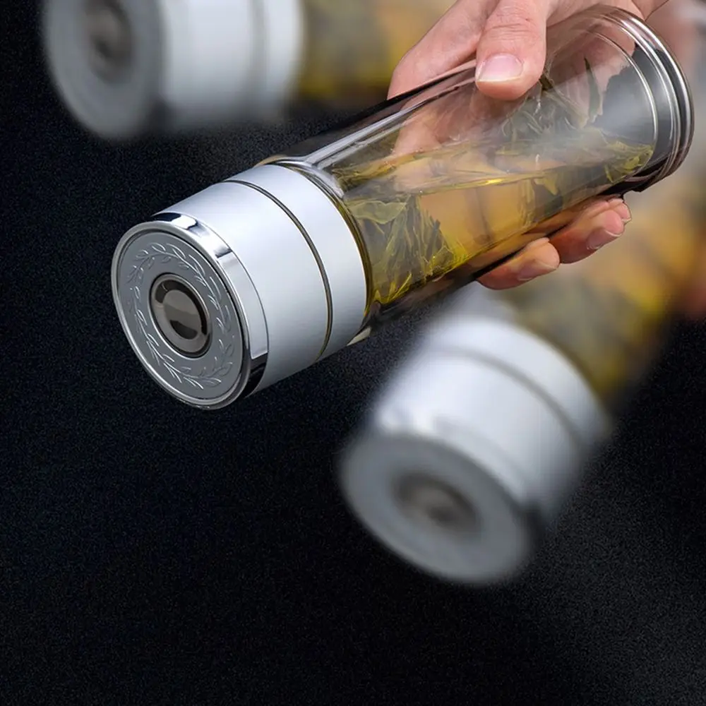 

Стеклянная термокружка с двойной защитой от ожогов, открывание в одно касание, герметичная, с фильтром для чая, термоизоляционная