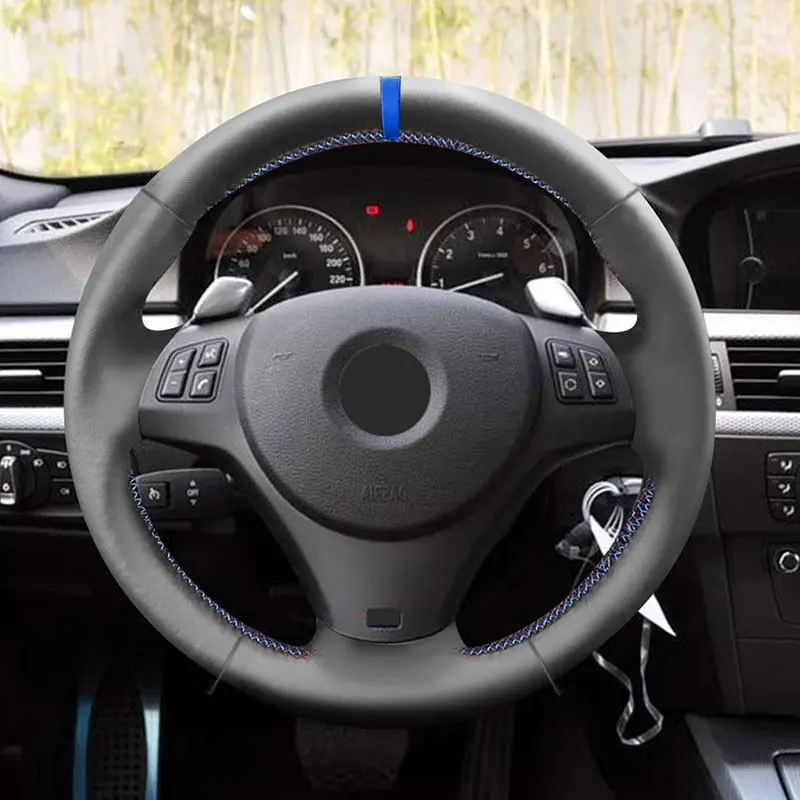 BMW M 스포츠 1 3 시리즈 M3 E90 E92 E93 E81 E82 E87 X1 E84 자동차 스티어링 휠 극세사 가죽 커버, 레드 블루 라인 블루 바