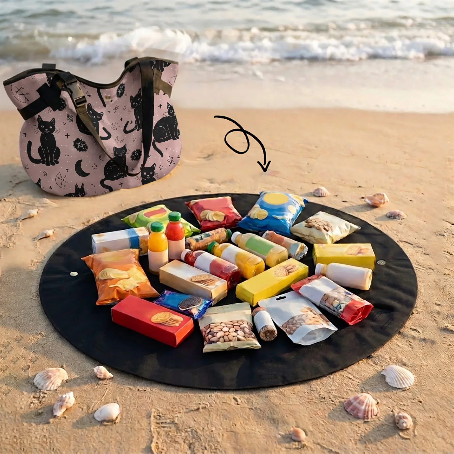 Pink Background Black Cat Star Moon Print 2 In 1 Tote Bag & Picnic Mat, Waterproof Foldable Mat For Camping Beach Travel