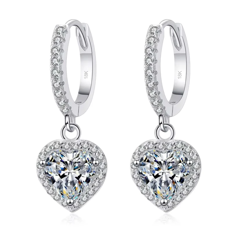 Women Wedding 18K White Gold Heart Drop Earrings Lady Valentine's Day 1/2CT Moissanite Diamond PT950 Platinum Girl Birthday Gift