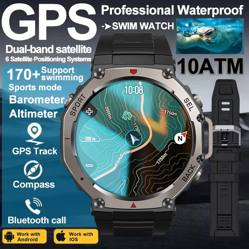 

2025 Новые встроенные GPS-смарт-часы 10 АТМ Водонепроницаемые компасы для плавания Высотомер 170 + спортивный режим Bluetooth Вызов Мужские умные часы T-REX3 HD