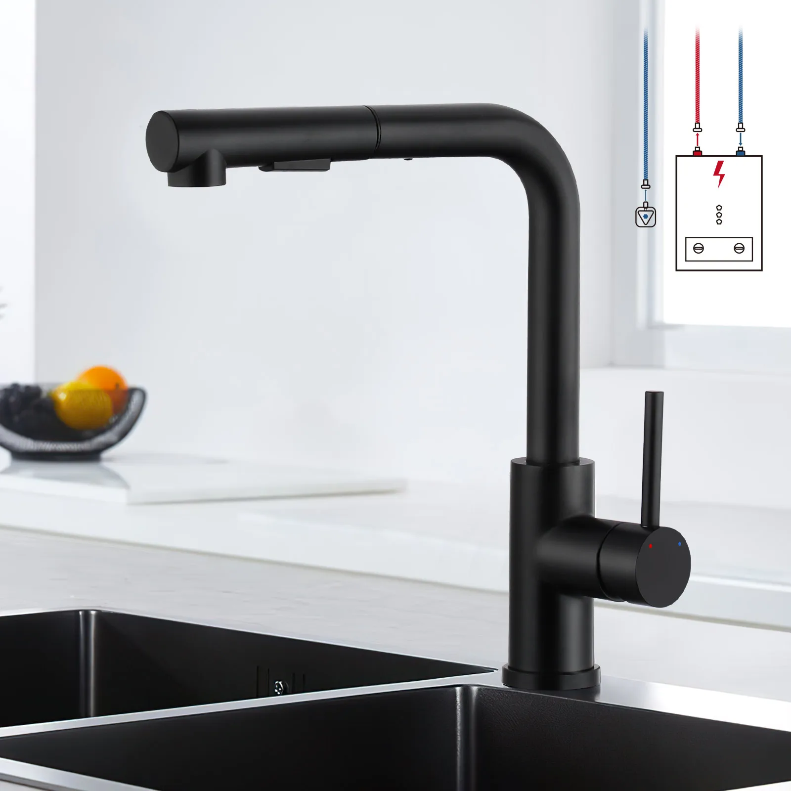Schwarzer Niederdruck-Küchenarmatur, ausziehbares Spray, 360° °   Drehbar, 3 Schläuche, 2 Wassermodi, für offene Warmwasserbereiter