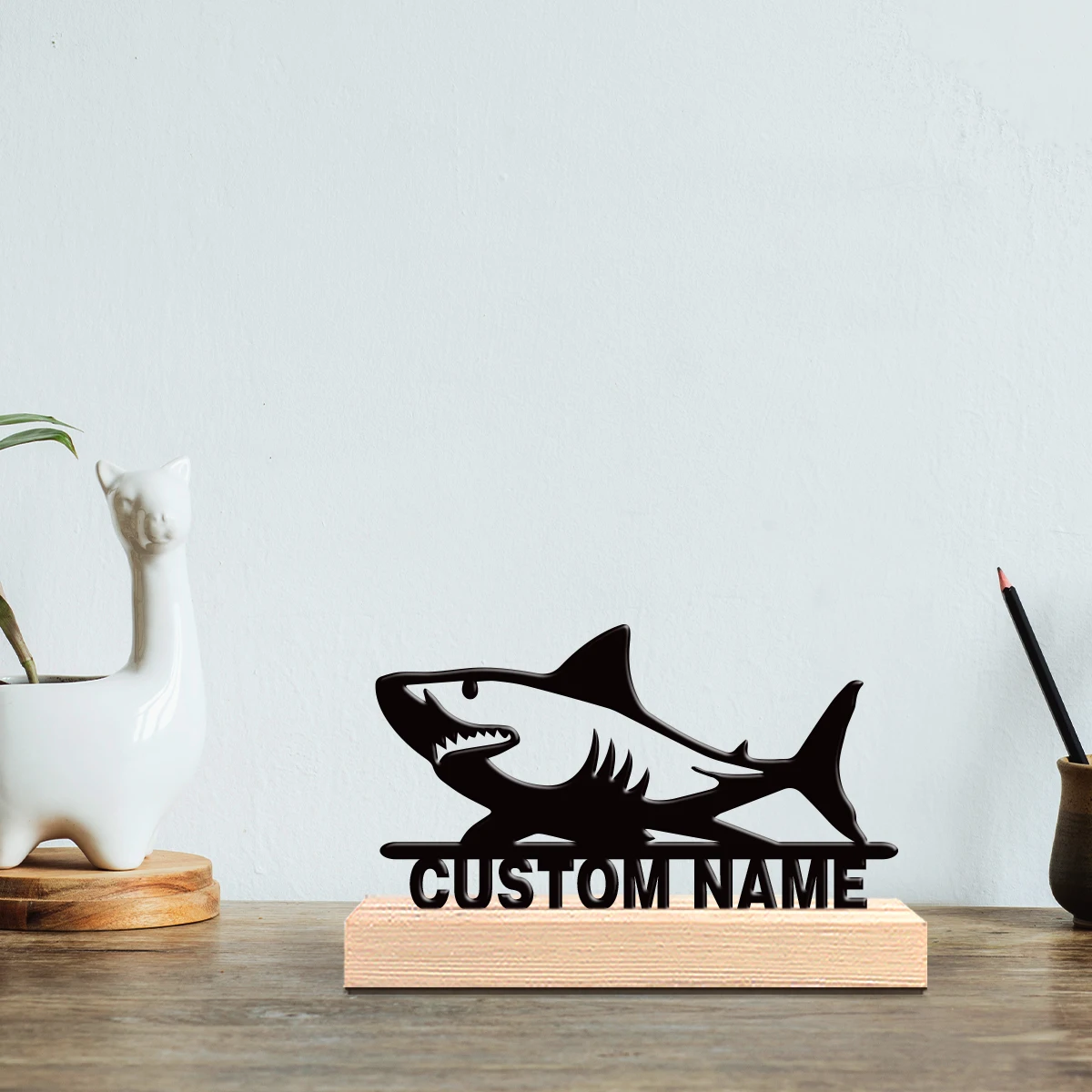 1PC Custom Shark Metal Statue Tabletop Decoration with Wooden Base Camping Desk Sculpture Ideal Home Garden Artwork
