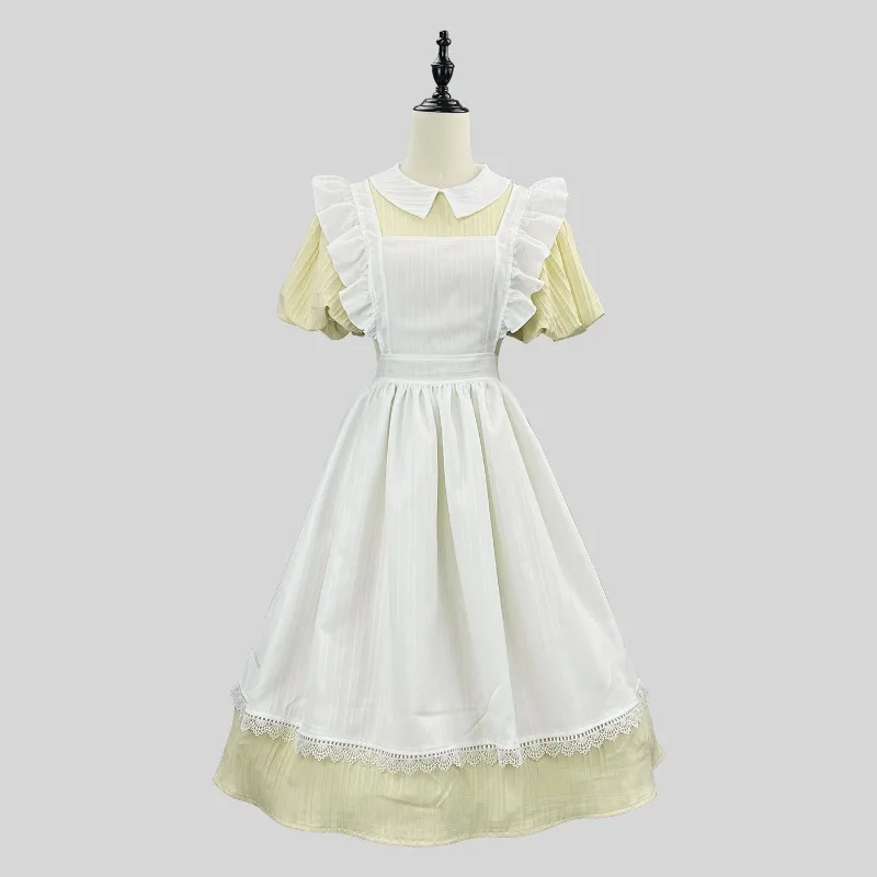 Long Pink White Maid Dress with Peter Pan Collar Ruffle Apron Maxi Skirt Vintage Lolita Style Party Cosplay Costume - view 6