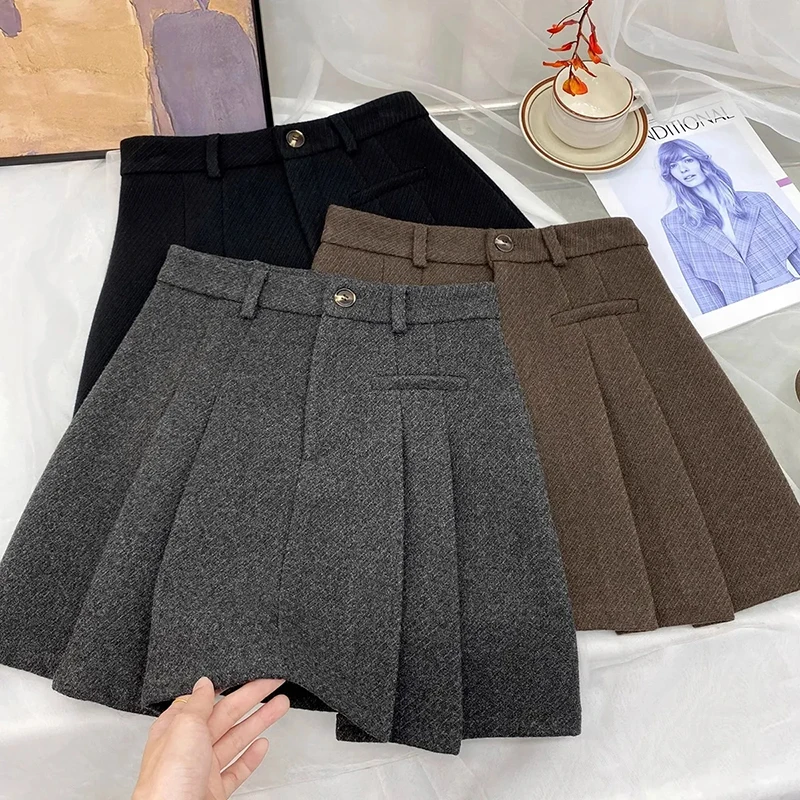 

Vintage Pleated Skirts Women Y2K Autumn Winter High Waist Preppy Woolen Dance Skirts Ladies Korean Solid All-Match Mini Skirts