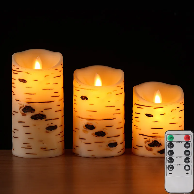 

3PCS Flameless Electronic Candles Birch Candle Fake Candle Battery Operated Candles with Remote Rustic Decor Birch Grain Candle