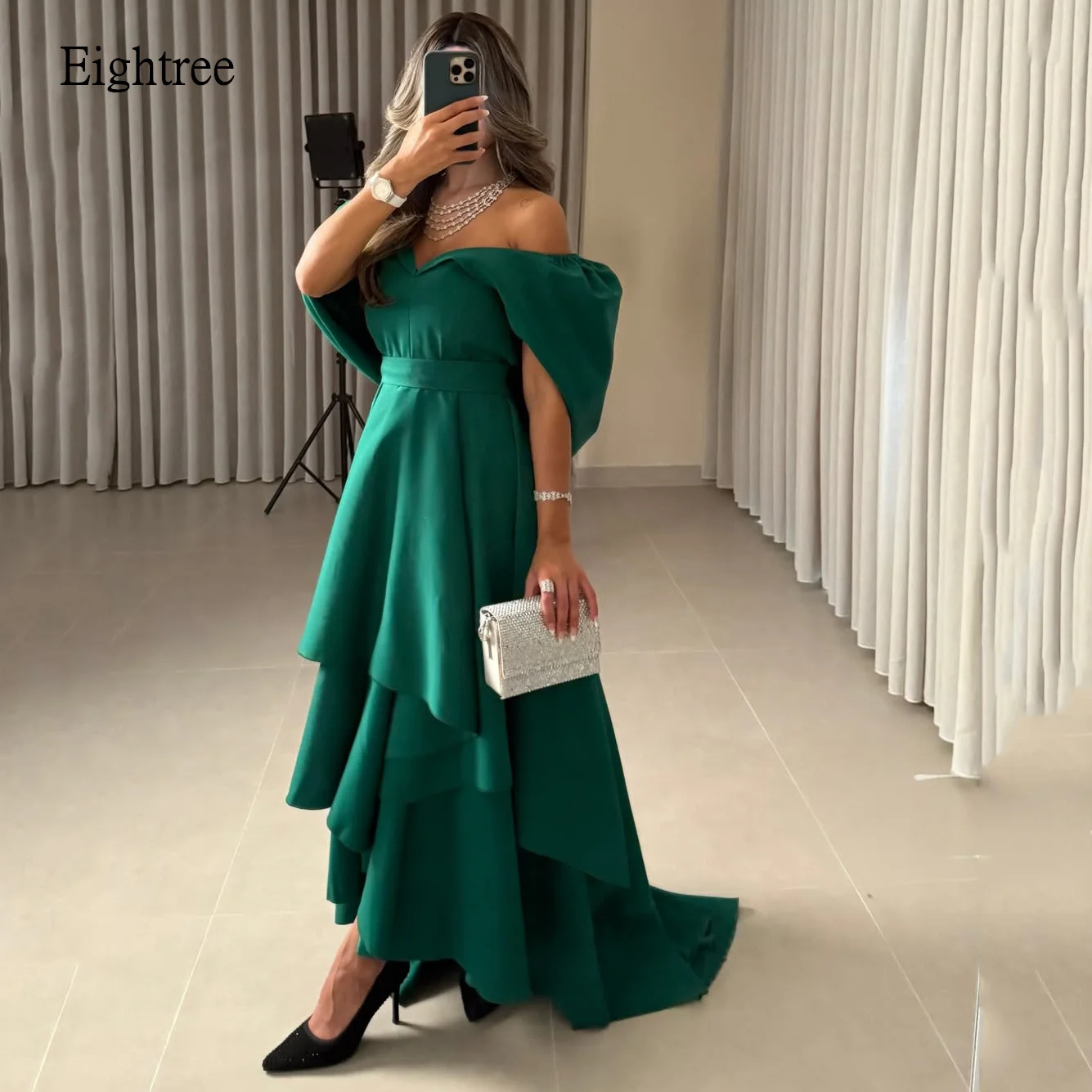 

Eightree Green Off The Shoulder A Line Formal Prom Gowns Backless Evening Dress Modern Floor Length Party Dresses Customized